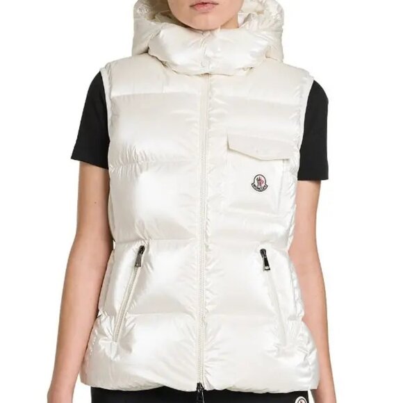 NWT$1550 MONCLER Diotis Hooded Quilted Metallic Pearl Puffer Gilet Vest 1 Small - Picture 2 of 16